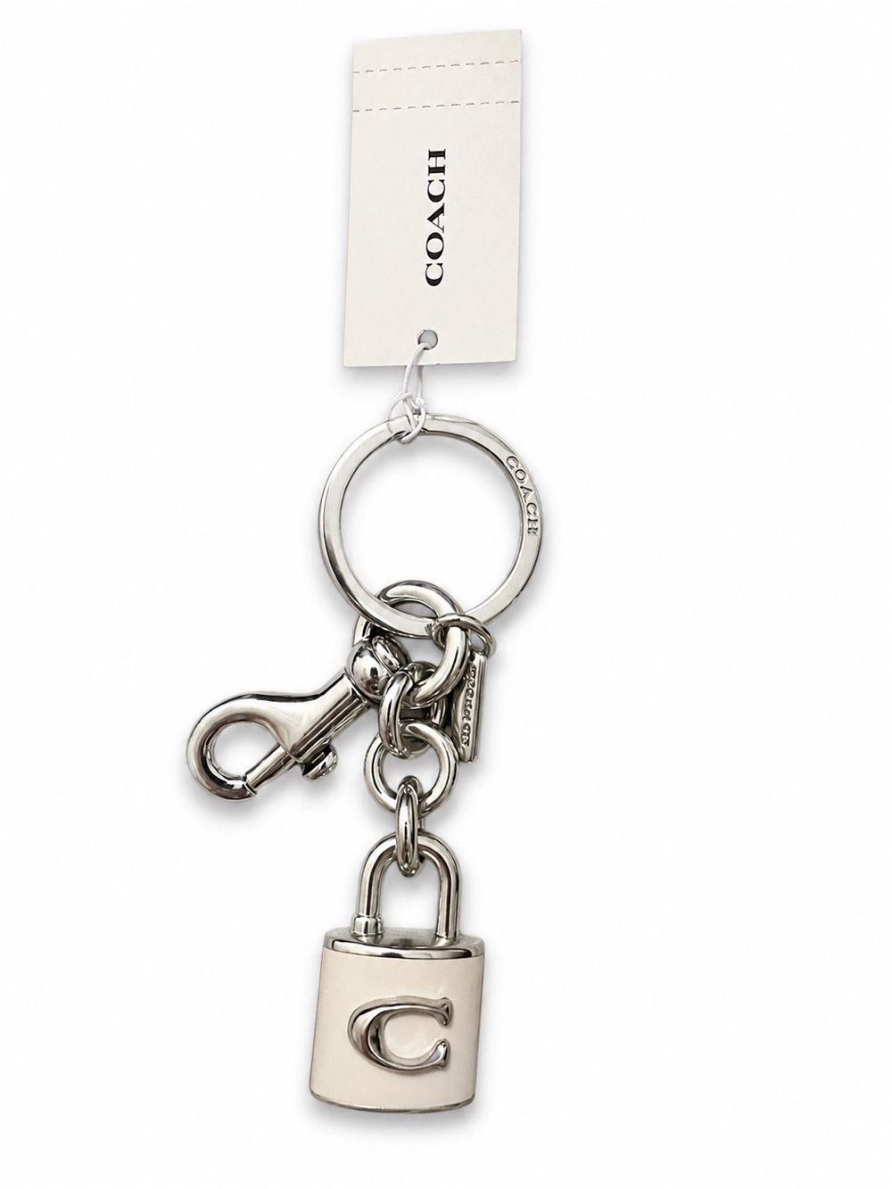 NWT COACH Padlock Bag Charm Keychain Silver White